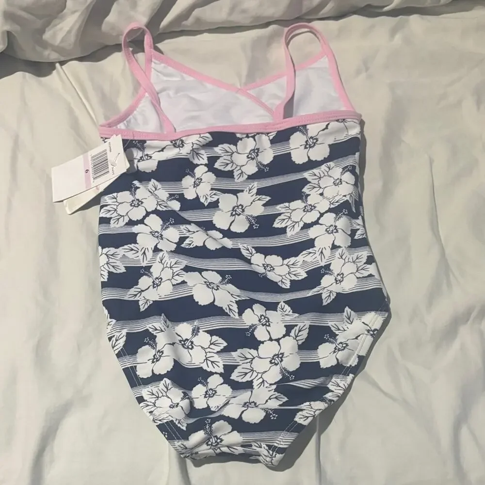 Tommy Bahama 6 Pink white Blue Striped swimsuit swim floral overlay print NWT